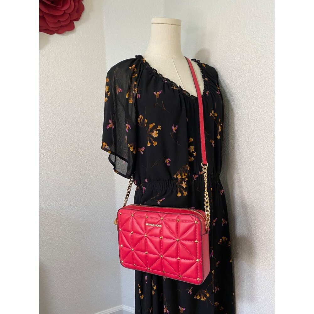 Michael Kors Pink Quilted Leather Studded Crossbody Bag Gold Hardware Edgy Chic